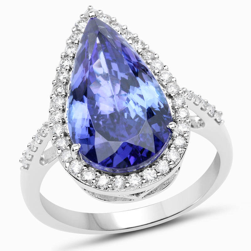 14K White Gold 6.74 Carat Genuine Tanzanite and White Diamond Ring