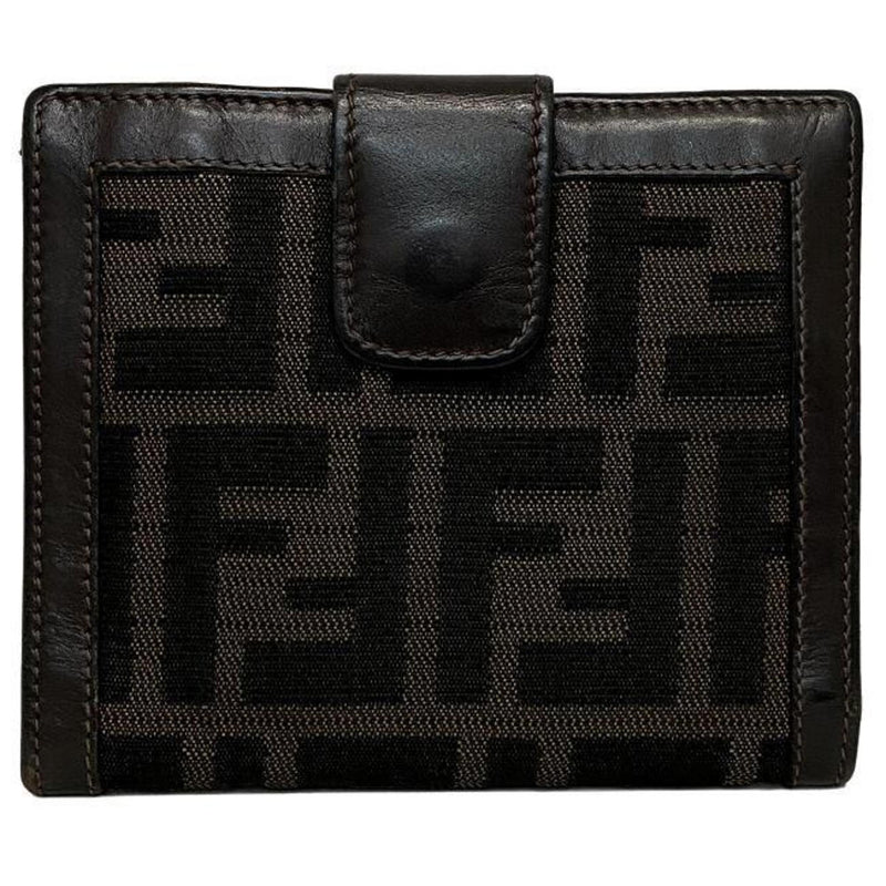 Fendi W Bi-Fold Wallet Dark Brown Khaki Zucca Double Leather Canvas FENDI Fold FF Ladies