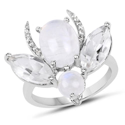 "7.41 Carat Genuine White Rainbow Moonstone, Crystal Quartz and White Topaz .925 Sterling Silver Ring