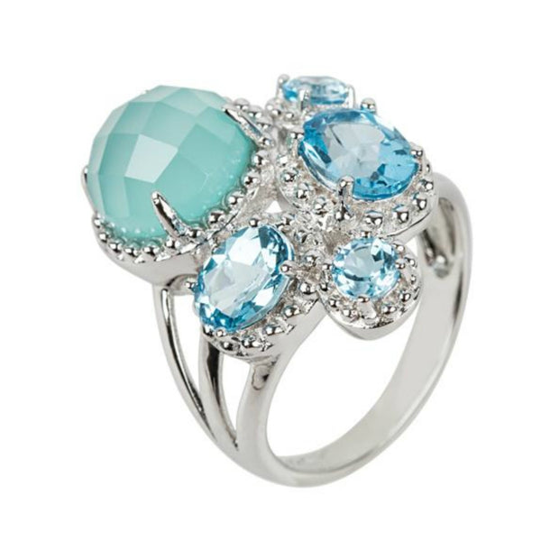 925 Sterling Silver Women Cocktail Ring Aqua Chalcedony and Swiss Blue Topaz