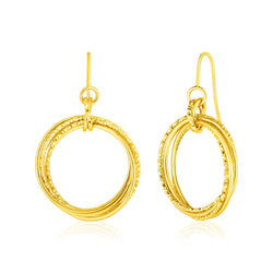 14k Yellow Gold Earrings with Polished and Textured Interlocking Circle Dangles