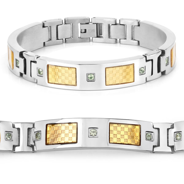 Titanium Men's Bracelet, Mens Titanium Bracelet with Gold Plated Steel Inlay, 0.72ctw. Natural Green Sapphire Rounds