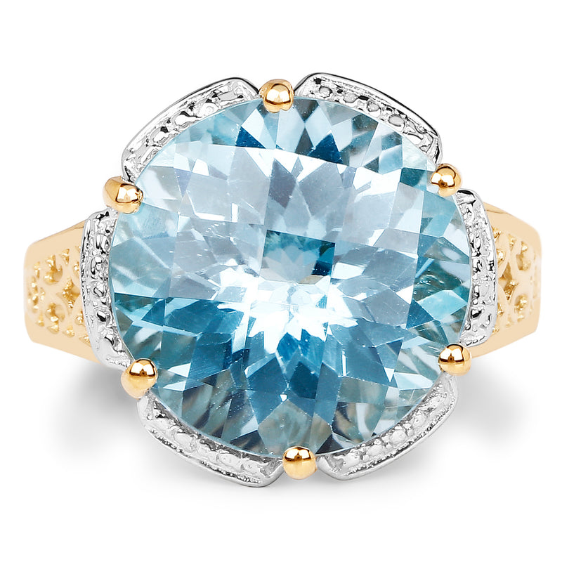 14K Yellow Gold Plated 14.15 Carat Genuine Blue Topaz .925 Sterling Silver Ring