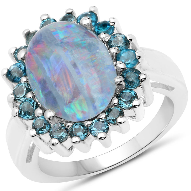 4.81 Carat Genuine Doublet Opal and London Blue Topaz .925 Sterling Silver Ring