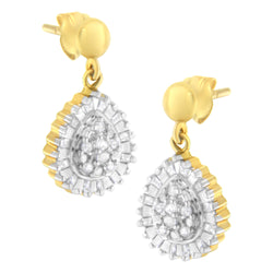10K Yellow Gold 1/4 Cttw Round and Baguette-Cut Diamond Cluster Drop and Dangle Stud Earrings (I-J Color, I2-I3 Clarity)