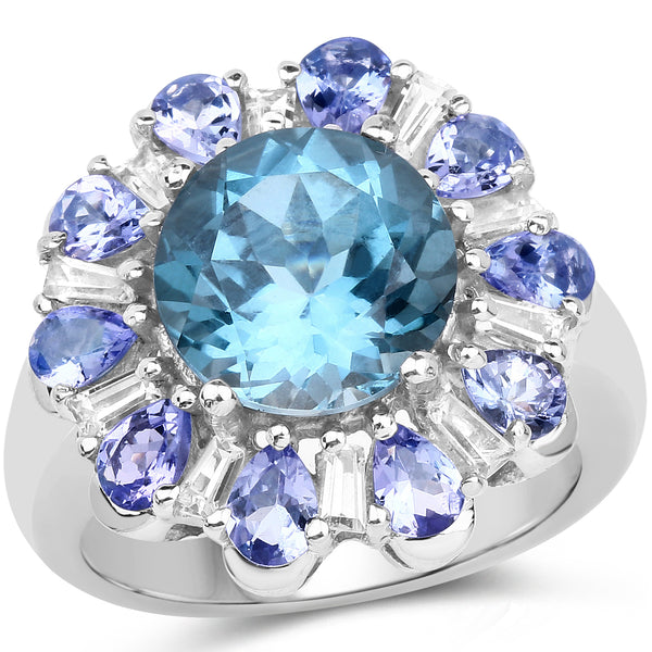 6.19 Carat Genuine London Blue Topaz, Tanzanite & White Topaz .925 Sterling Silver Ring