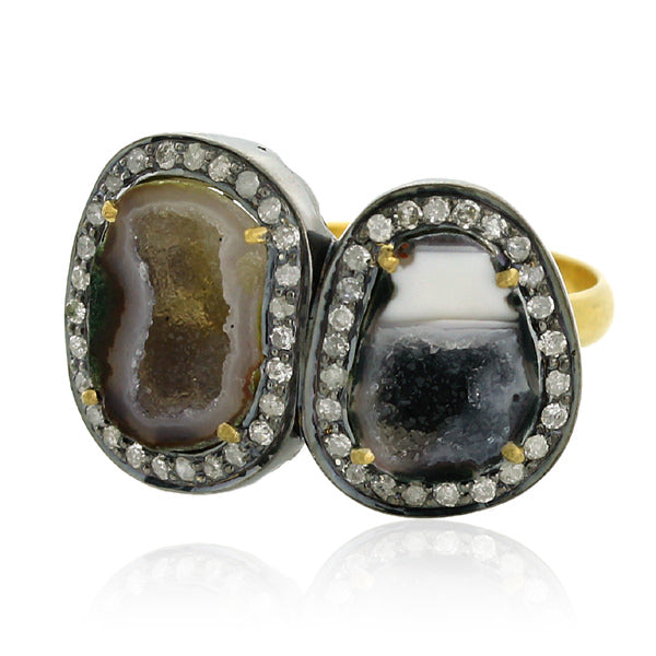 6.9ct Prong Set Geode & Diamond Cocktail Ring 18k Gold Sterling Silver Jewelry