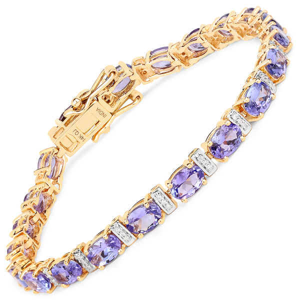 9.43 Carat Genuine Tanzanite and White Diamond 14K Yellow Gold Bracelet