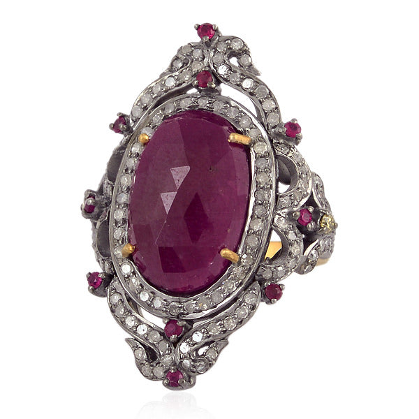 9.9ct Ruby & Pave Diamond Cocktail Ring 18k Gold 925 Silver Handmade Jewelry