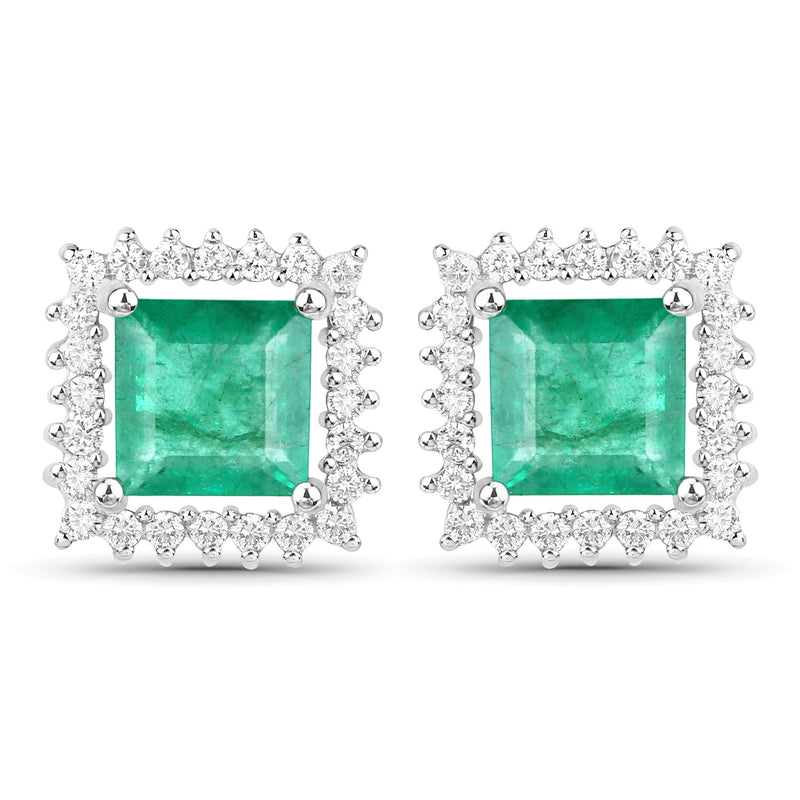 1.12 Carat Genuine Zambian Emerald and White Diamond 14K White Gold Earrings