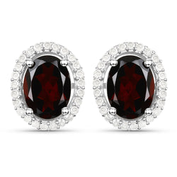 2.77 Carat Genuine Garnet and White Diamond .925 Sterling Silver Earrings