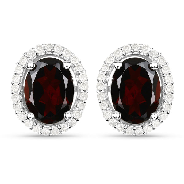 2.77 Carat Genuine Garnet and White Diamond .925 Sterling Silver Earrings