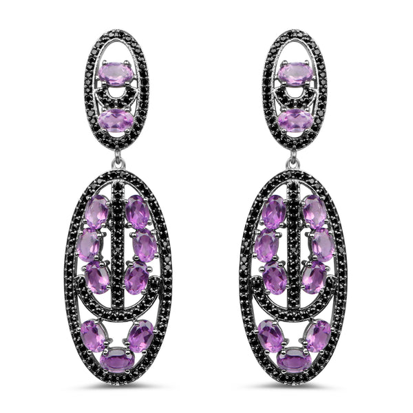 12.45 Carat Genuine Amethyst and Black Spinel .925 Sterling Silver Earrings