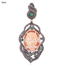 Pave Diamond & Carved Gemstone Owl Pendant 18k Gold 925 Silver Jewelry