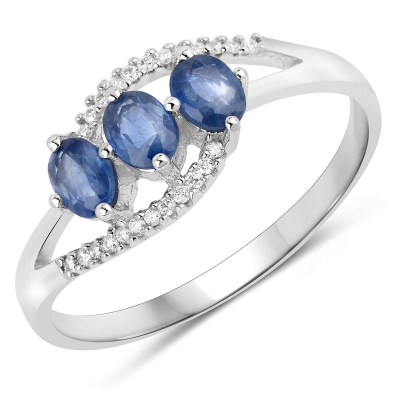 0.73 Carat Genuine Blue Sapphire and White Diamond 14K White Gold Ring