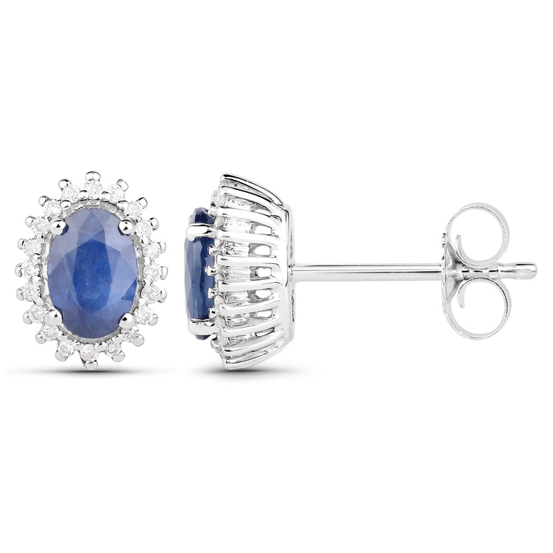 1.22 Carat Genuine Blue Sapphire and White Diamond 14K White Gold Earrings