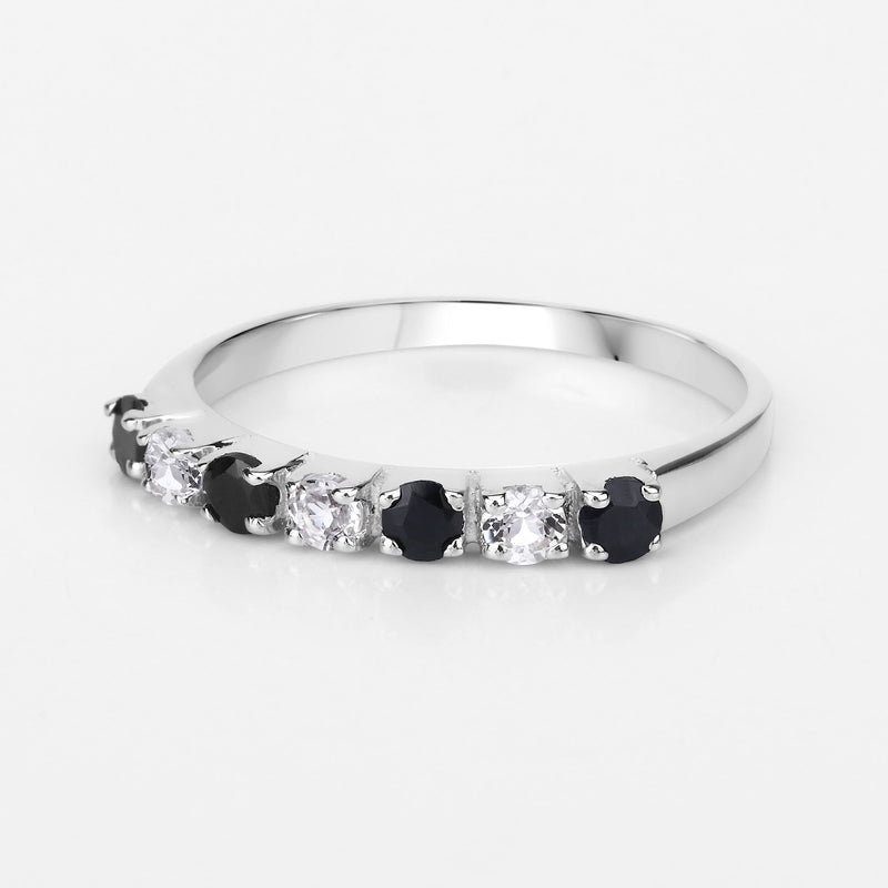 0.56 Carat Genuine Black Sapphire and White Topaz .925 Sterling Silver Ring