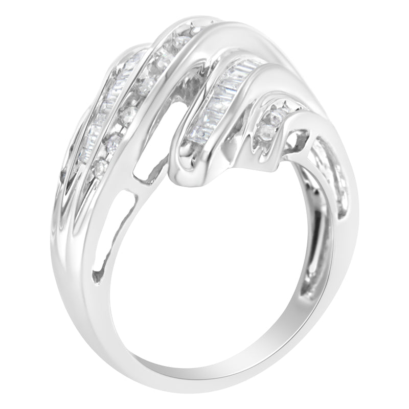 10K White Gold Round and Baguette Cut Diamond Channel Ring (3/4 Cttw, H-I Color, SI2-I1 Clarity) - Size 7