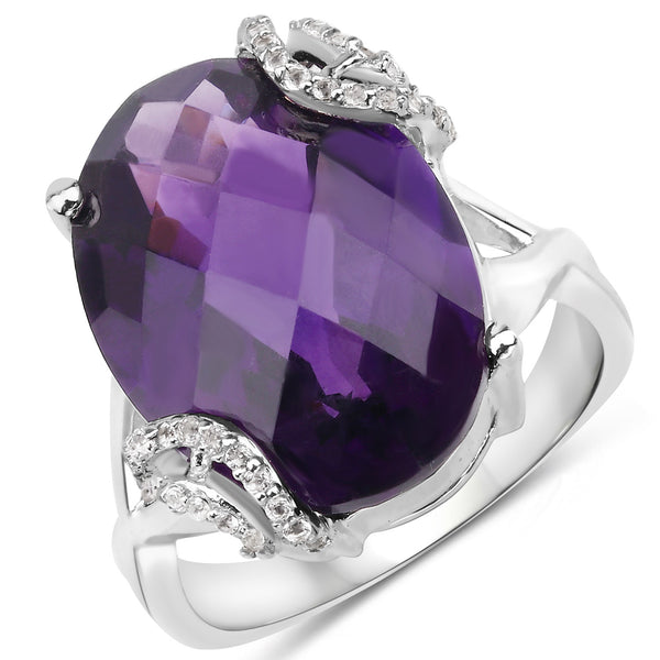 10.44 Carat Genuine Amethyst and White Topaz .925 Sterling Silver Ring