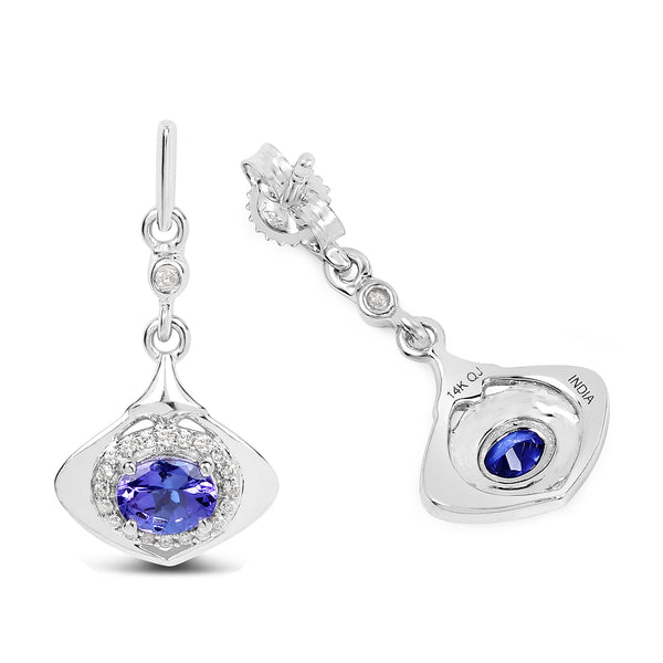 0.78 Carat Genuine Tanzanite and White Diamond 14K White Gold Earrings