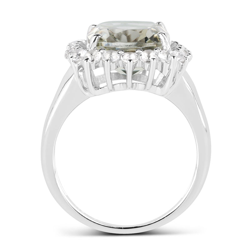 5.80 Carat Genuine Green Amethyst and White Topaz .925 Sterling Silver Ring