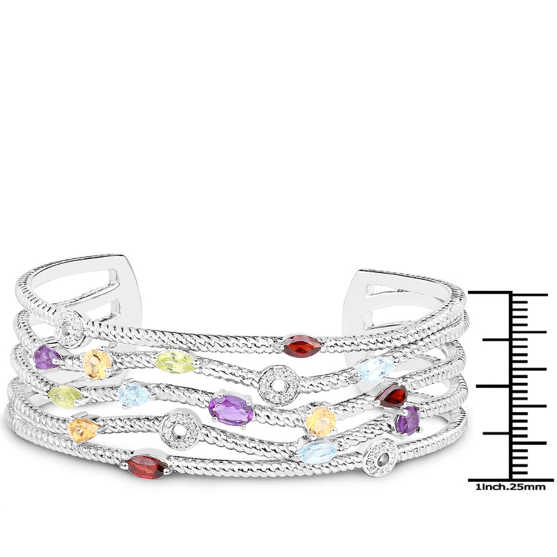 3.97 Carat Genuine Multi Stones .925 Sterling Silver Cuff Bangle