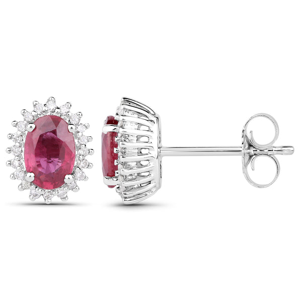 1.22 Carat Genuine Ruby and White Diamond 14K White Gold Earrings