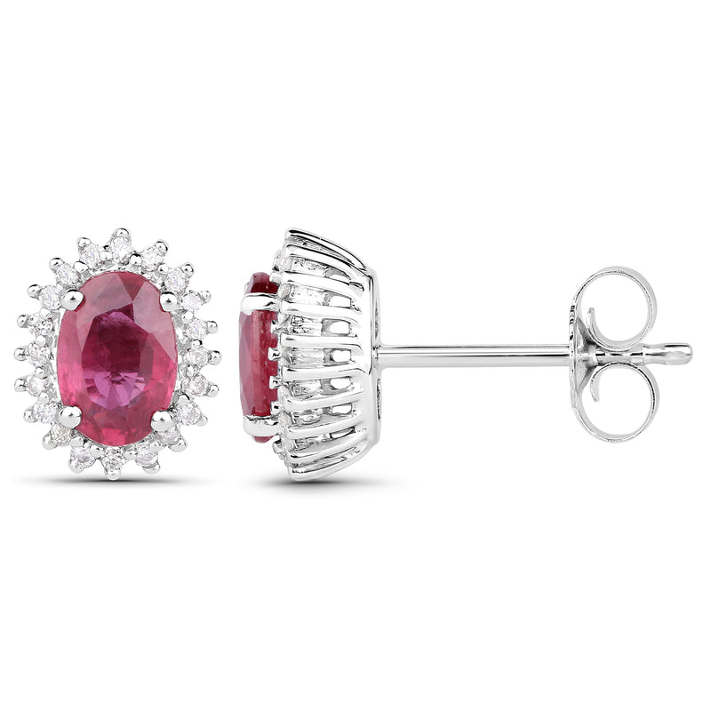 1.22 Carat Genuine Ruby and White Diamond 14K White Gold Earrings