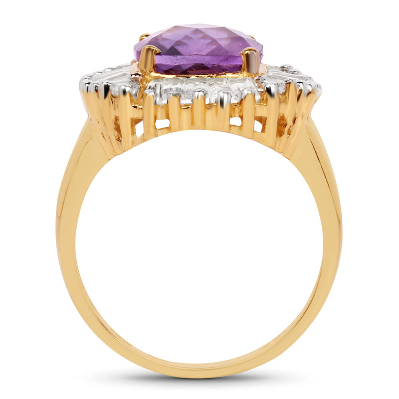 14K Yellow Gold Plated 4.78 Carat Genuine Amethyst and White Topaz .925 Sterling Silver Ring