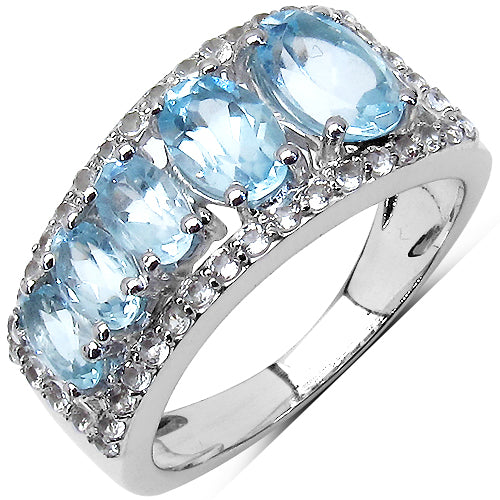 2.75 Carat Genuine Blue Topaz & White Topaz .925 Sterling Silver 5 Stone Ring