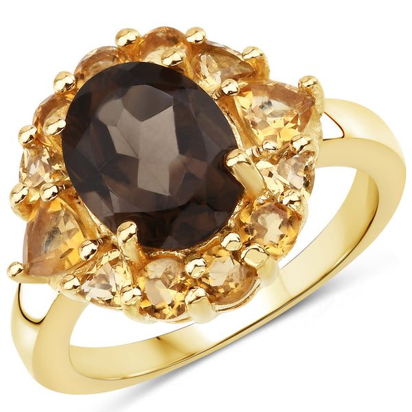 14K Yellow Gold Plated 4.50 Carat Genuine Smoky Quartz & Citrine Brass Ring