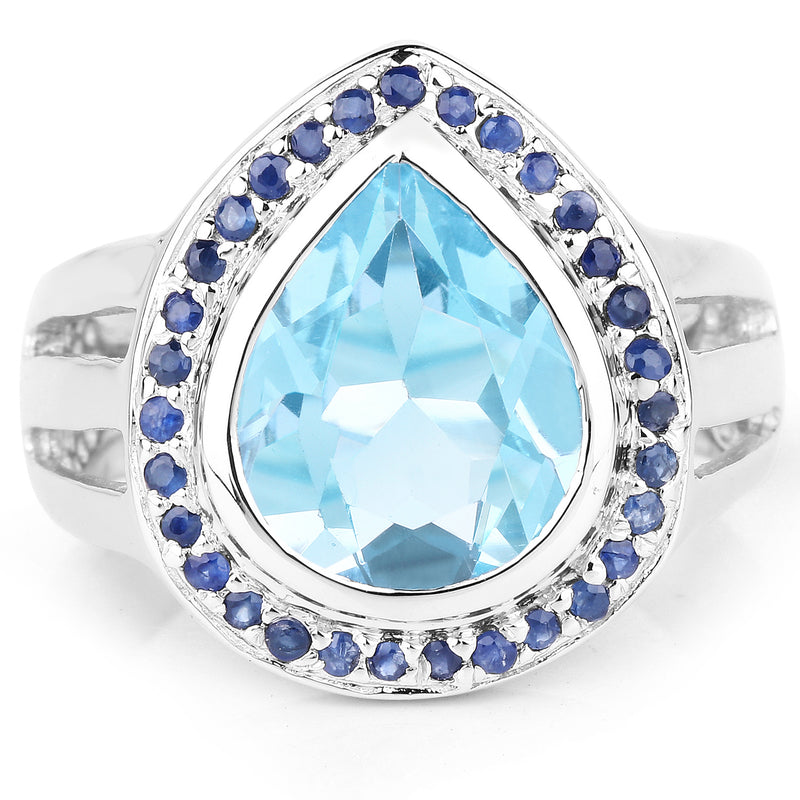 5.42 Carat Genuine Blue Topaz and Blue Sapphire .925 Sterling Silver Ring