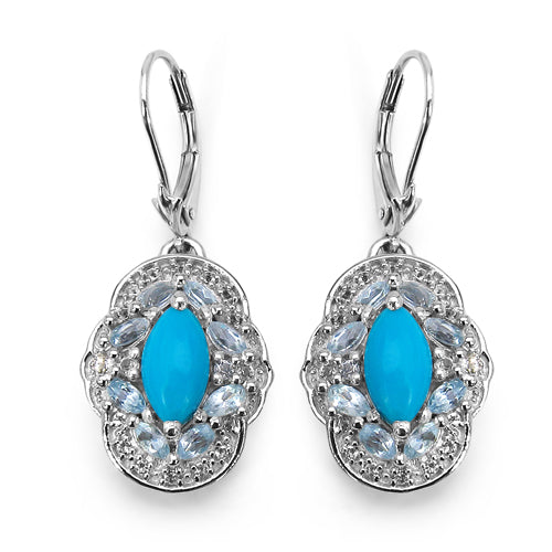 3.35 Carat Genuine Turquoise, Blue Topaz & White Topaz .925 Sterling Silver Earrings