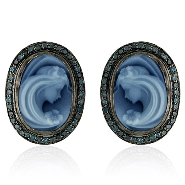 14.35ct Pave Diamond Cameo Stud Earrings 18k Gold 925 Silver Jewelry Gift