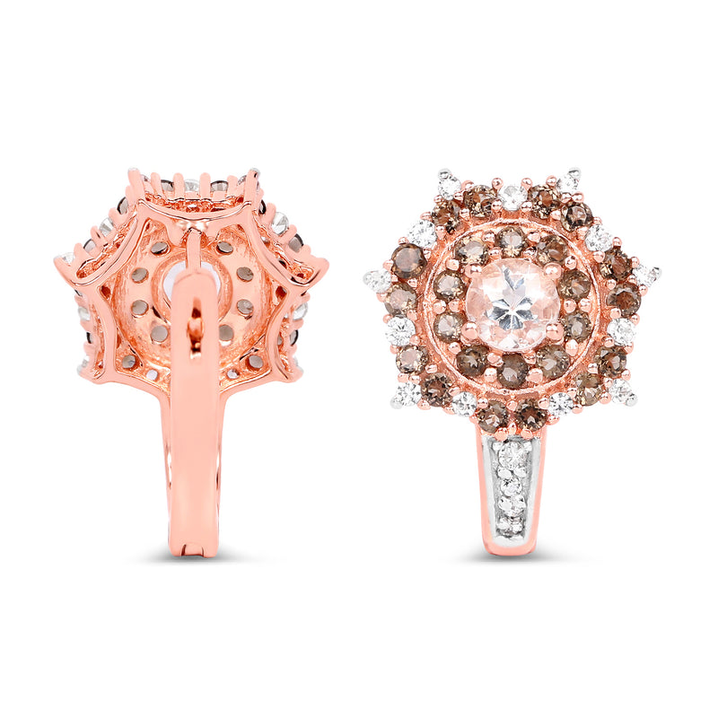 18K Rose Gold Plated 1.58 Carat Genuine Morganite, Smoky Quartz and White Zircon .925 Sterling Silver Earrings