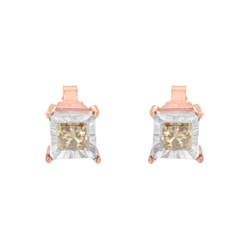 14K Rose Gold Plated Two-Tone .925 Sterling Silver 1/2 Cttw Princess-Cut Square Diamond Solitaire Miracle-Plate Stud Earrings (K-L Color, I2-I3 Clarity)