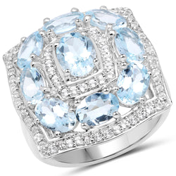 4.07 Carat Genuine Aquamarine and White Topaz .925 Sterling Silver Ring