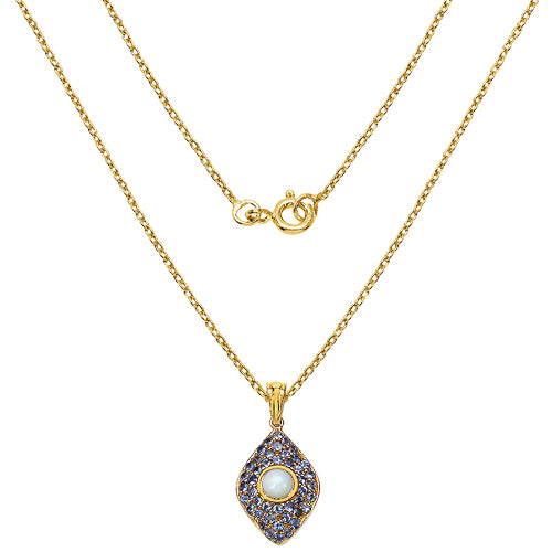 14K Yellow Gold Plated 1.82 Carat Genuine Ethiopian Opal & Tanzanite .925 Sterling Silver Pendant