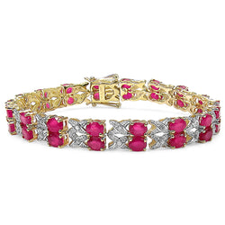 14K Yellow Gold Plated 18.32 Carat Genuine Glass Filled Ruby & White Diamond .925 Sterling Silver Bracelet