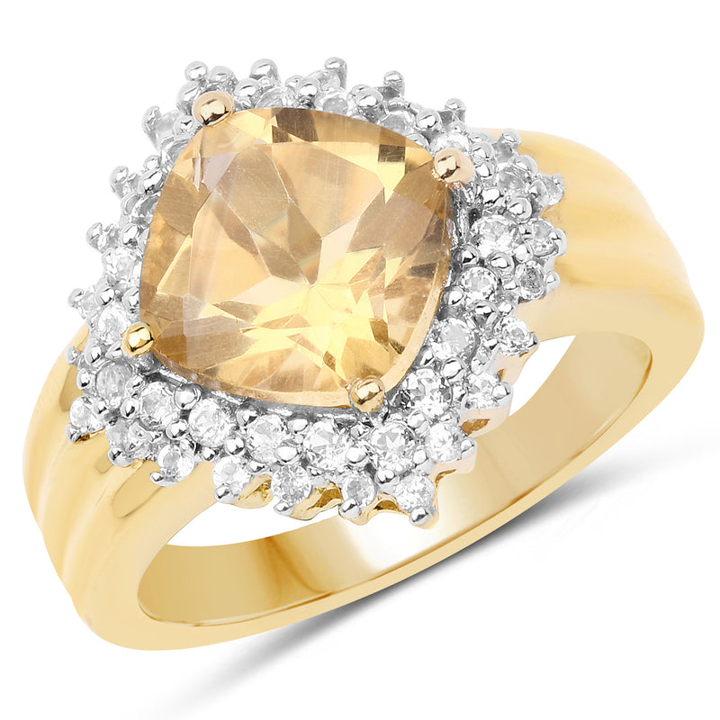 14K Yellow Gold Plated 3.58 Carat Genuine Citrine & White Topaz .925 Sterling Silver Ring