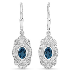 1.32 Carat Genuine London Blue Topaz and White Topaz .925 Sterling Silver Earrings