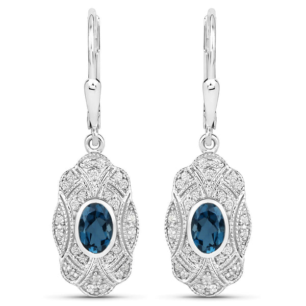 1.32 Carat Genuine London Blue Topaz and White Topaz .925 Sterling Silver Earrings