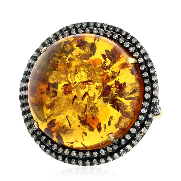 Natural Amber Cockail Ring 925 Sterling Silver 14k Yellow Gold Jewelry