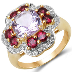 14K Yellow Gold Plated 3.47 Carat Genuine Amethyst, Rhodolite & White Topaz .925 Sterling Silver Ring