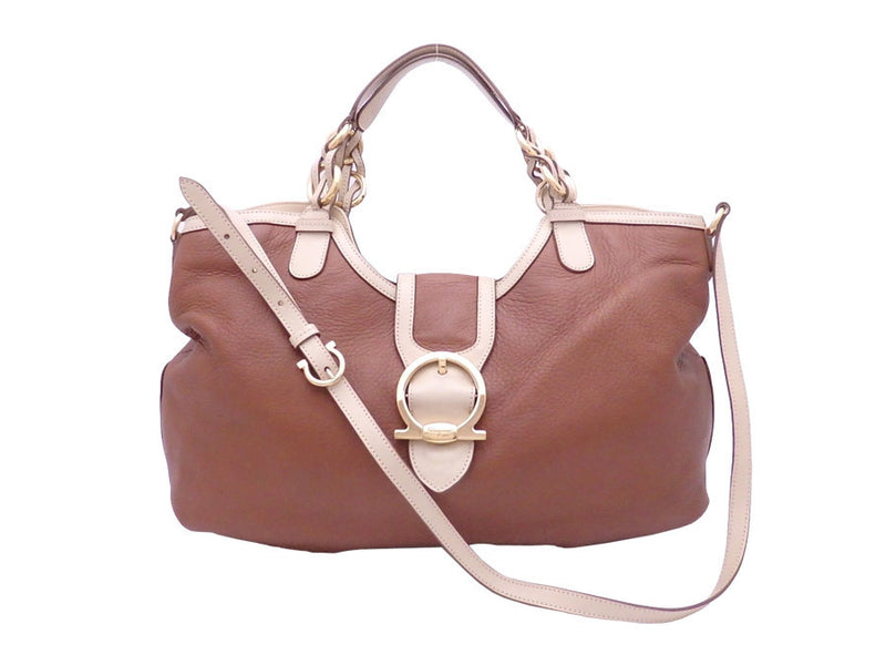 Salvatore Ferragamo 2Way Bag Gancini Brown Beige Leather Gold Hardware Handbag Shoulder Ladies