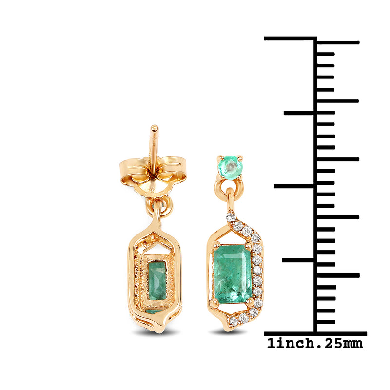 0.70 Carat Genuine Zambian Emerald and White Diamond 14K Yellow Gold Earrings