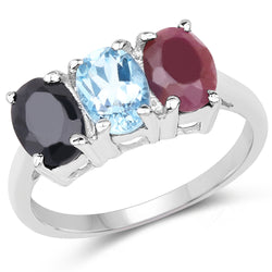 2.90 Carat Genuine Blue Topaz, Black Sapphire & Ruby .925 Sterling Silver Ring