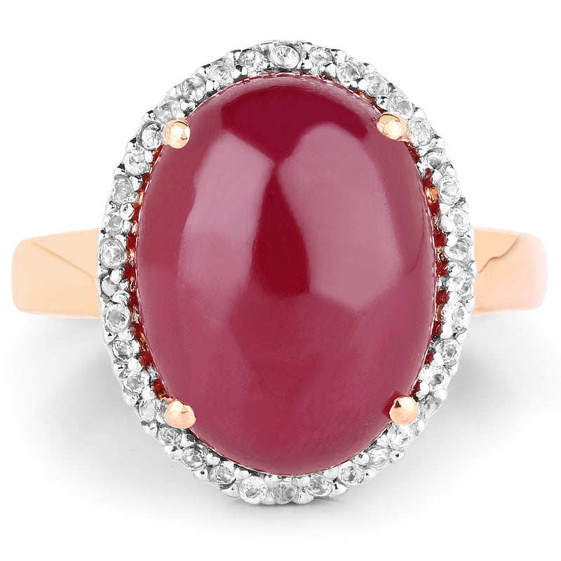 14K Rose Gold Plated 16.69 Carat Genuine Glass Filled Ruby and White Topaz .925 Sterling Silver Ring