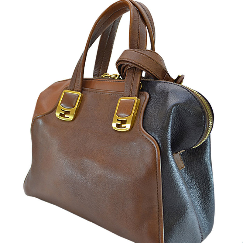 Fendi Handbag Shoulder Bag 2Way Brown Gold Leather Ladies
