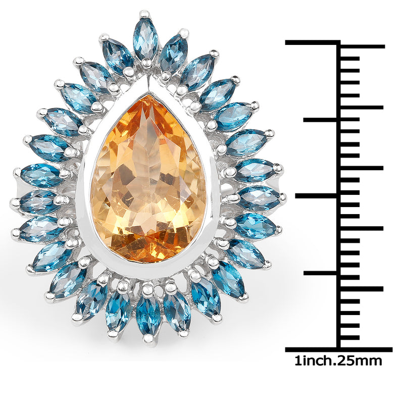 7.54 Carat Genuine Citrine & London Blue Topaz .925 Sterling Silver Ring